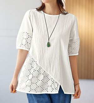 BELLUNA（ベルーナ）の「体型隠してフェミニンコーデ♪刺しゅう切替ブラウス（ブラウス）」｜詳細画像