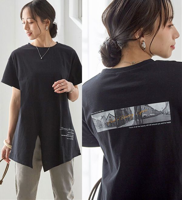 RANAN（ラナン）の「【ひんやり】ロゴプリントチュニックTシャツ（Tシャツ）」｜ブラック(フォト)