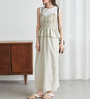 RANAN（ラナン）の「リボンギャザーペプラムナローワンピ（その他ワンピース）」｜ベージュ