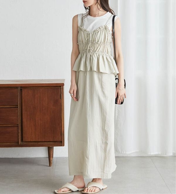 RANAN（ラナン）の「リボンギャザーペプラムナローワンピ（その他ワンピース）」｜ベージュ