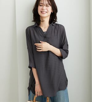 BELLUNA（ベルーナ）の「【シャツ+インナーのセット】スラブ素材ボタン使い裾タックシャツアンサンブル（アンサンブル）」｜チャコール