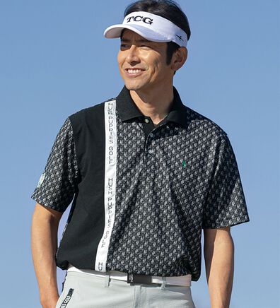 「＜ハッシュパピー・ゴルフ＞総柄ロゴパネル切替ポロシャツ（メンズポロシャツ）」