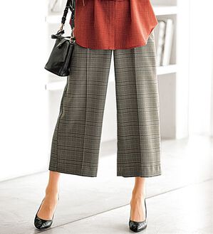 BELLUNA（ベルーナ）の「ウーリッシュ素材ウエスト釦ワイドパンツ（ワイドパンツ・ガウチョ）」｜ベージュ系チェック