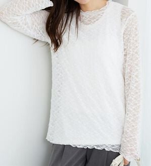 BELLUNA（ベルーナ）の「【重ね着にぴったり♪】のびやかレース素材メロー使いインナー（カットソー）」｜オフ白