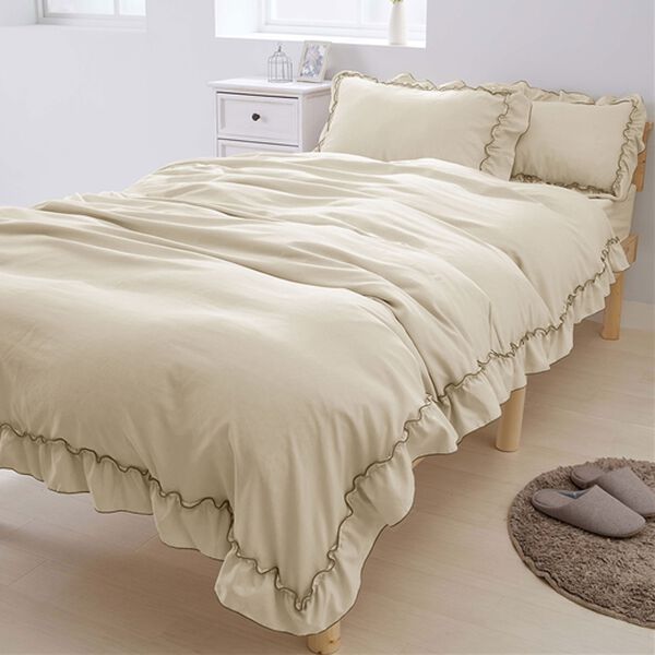 iellio（イエリオ）の「大人かわいいダブルフリル付布団カバーリング＜掛け布団カバー・ボックスシーツ・枕カバー・ずれにくい・オールシーズン・淡色＞（敷布団カバー・シーツ）」｜詳細画像