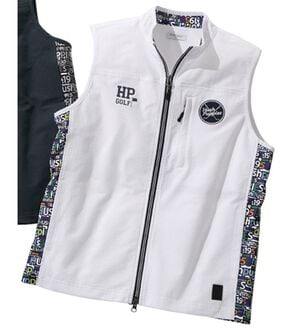 「＜ハッシュパピー・ゴルフ＞異素材切替ストレッチ総柄ベスト（メンズベスト）」｜白／ネイビー