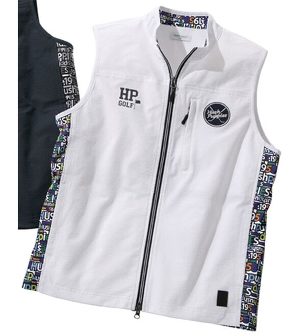 「＜ハッシュパピー・ゴルフ＞異素材切替ストレッチ総柄ベスト（メンズベスト）」｜白／ネイビー