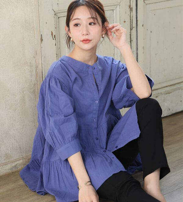 A HAPPY MARILYN（アハッピーマリリン）の「【Ｌ～６Ｌ】【風通るプレミアム】綿・楊柳七分袖ティアードブラウス（ブラウス）」｜詳細画像