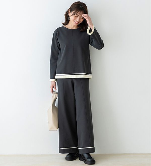 BELLUNA（ベルーナ）の「配色ライン使いニットワイドパンツ（ワイドパンツ・ガウチョ）」｜詳細画像