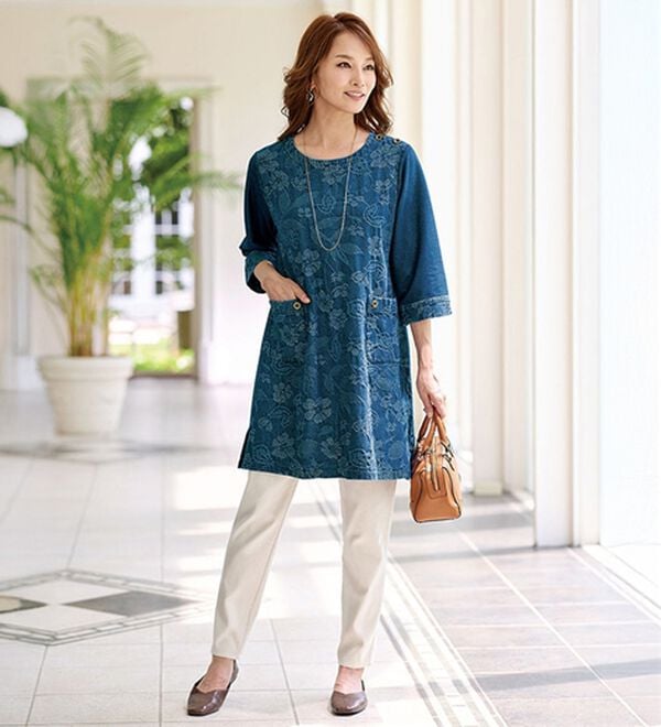 BELLUNA（ベルーナ）の「ジャカードデニム異素材切替チュニック（チュニック）」｜詳細画像