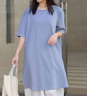 A HAPPY MARILYN（アハッピーマリリン）の「【Ｍ～８Ｌ】【接触冷感・吸水速乾】体型カバー五分袖チュニック（チュニック）」｜くすみブルー