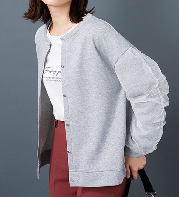 BELLUNA（ベルーナ）の「ラメ調袖チュールデザインカーディガン（その他カーディガン）」｜杢グレー