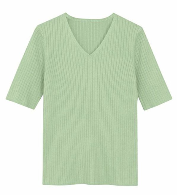 Pierrot（ピエロ）の「【洗濯機で洗える】ネックが選べるシルクタッチ半袖リブニット（ニット・セーター）」｜詳細画像