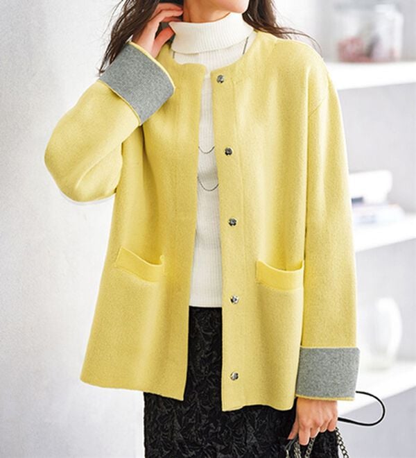 BELLUNA（ベルーナ）の「配色デザインふんわりニットジャケット（ハーフコート）」｜イエロー／杢グレー