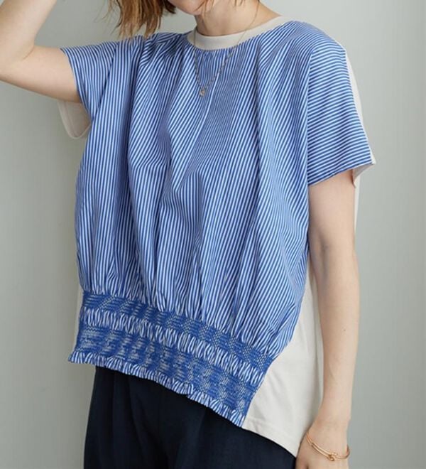 BELLUNA（ベルーナ）の「【ひんやり接触冷感】シャーリング使い異素材切替プルオーバー（カットソー）」｜詳細画像