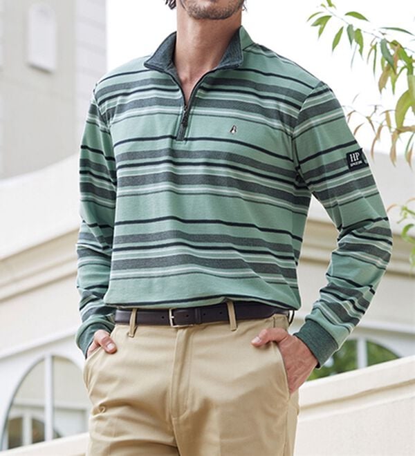 「＜ハッシュパピー＞華やかボーダージャカードジップポロ（メンズトレーナー）」｜詳細画像