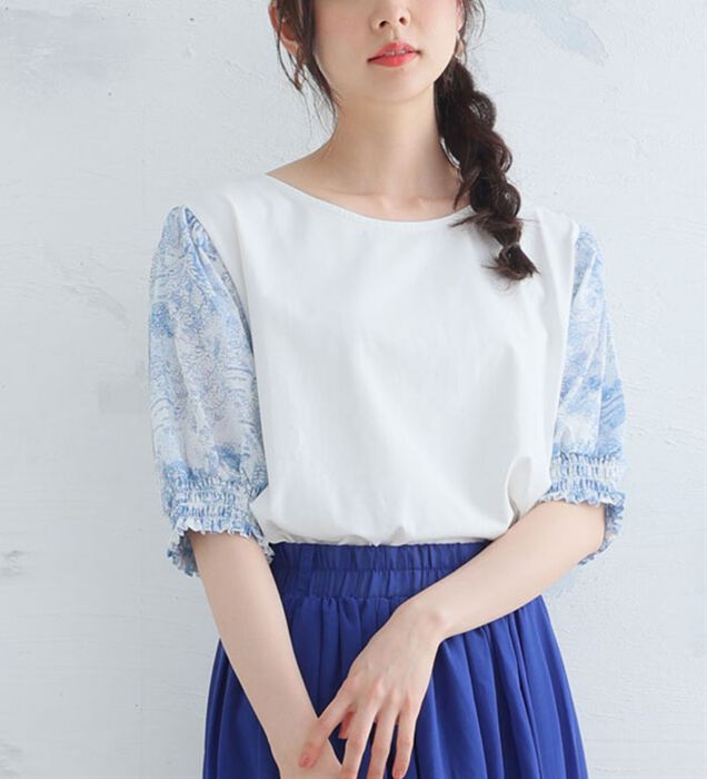 ぷっくり袖プルオーバー　ハンドメイド　白絣　フリーサイズ　7/16 久留米絣ブラウスプルオーバー秋夏秋春綿１００％ミセス