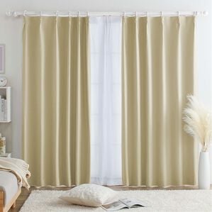 iellio（イエリオ）の「【８日間限定価格】１００％遮光＆防音＆断熱保温ＵＶ見えにくいレース付カーテンセット＜４枚組・遮光１級・無地・洗える・形状記（ドレープカーテン）」｜ライトベージュ