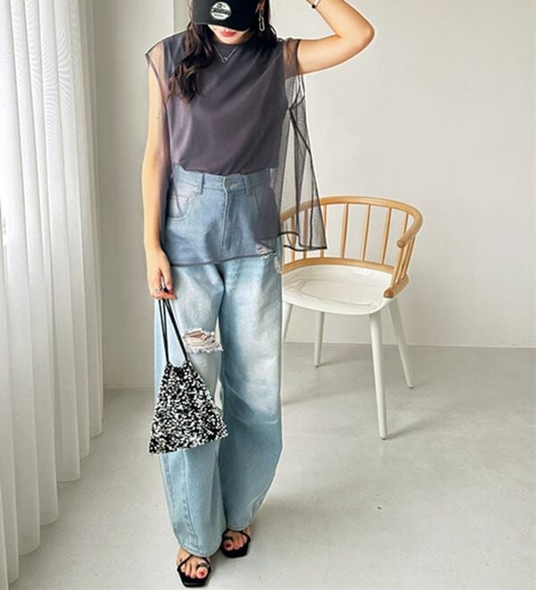 GeeRA（ジーラ）の「チュールカバーフレンチスリーブカットソー（カットソー）」｜詳細画像