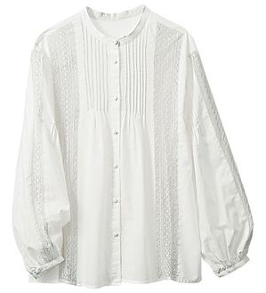 VINNO（ヴィノ）の「綿１００％ピンタック使いレースブラウス（ブラウス）」｜オフホワイト