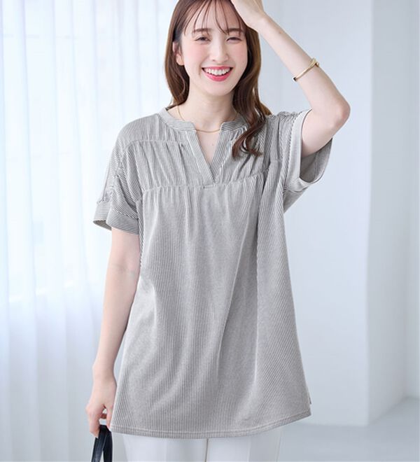 メチュ さらっと軽い綿混ストライプギャザーチュニック - ベルーナ【公式】