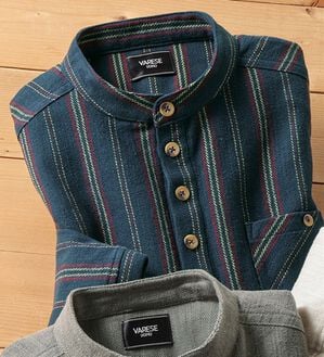 「ざっくり木綿のふんわり起毛シャツ（メンズシャツ）」｜ネイビーストライプ