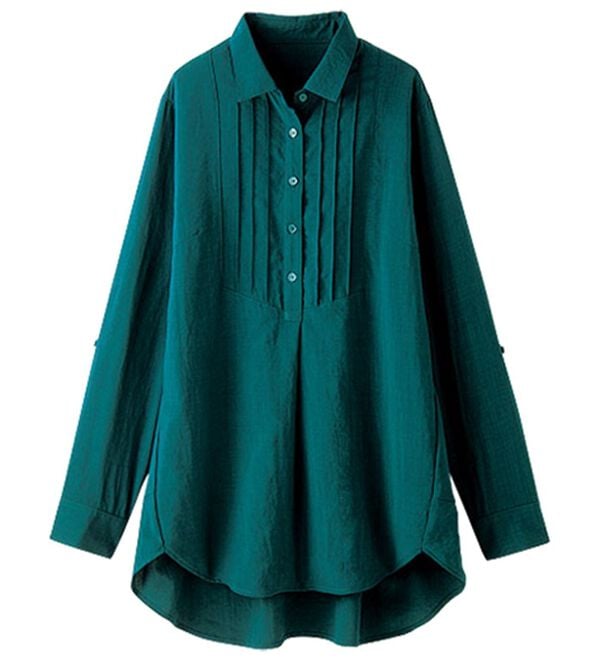 BELLUNA（ベルーナ）の「麻調素材タックデザインシャツチュニック（チュニック）」｜ターコイズ