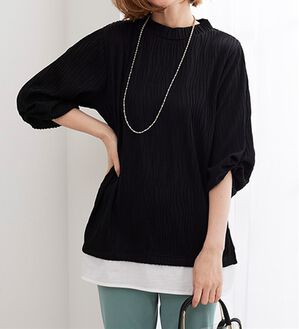 BELLUNA（ベルーナ）の「裾切替波柄ジャカード素材プルオーバー（カットソー）」｜黒