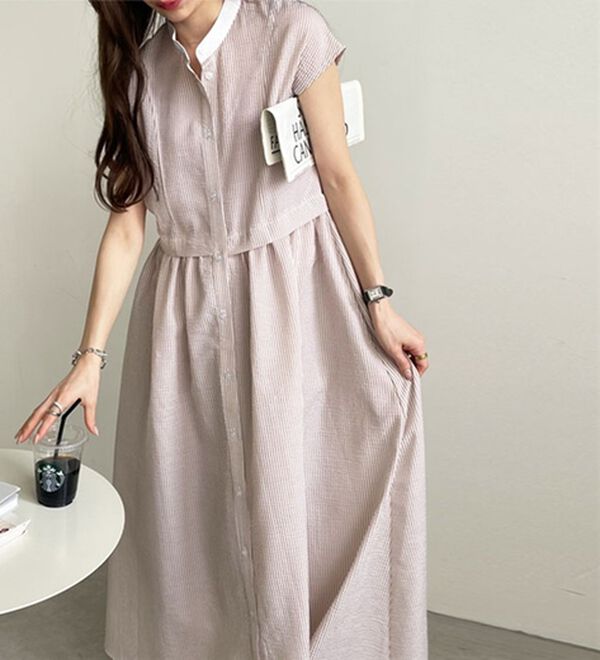 GeeRA（ジーラ）の「クレリック配色ウエストギャザーシャツワンピ―ス（シャツワンピース）」｜詳細画像