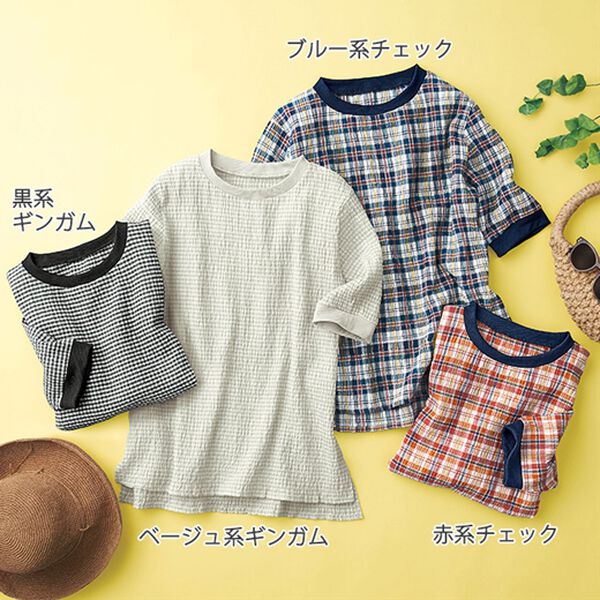 BELLUNA（ベルーナ）の「リブ付チェック柄涼感Ｔブラウス（ブラウス）」｜詳細画像