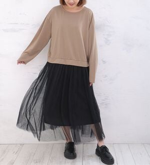 A HAPPY MARILYN（アハッピーマリリン）の「【Ｌ～６Ｌ】ゆるっと着られるチュールスカートドッキングワンピース（ドッキングワンピース）」｜モカベージュ&times;ブラック