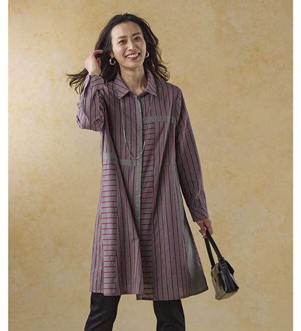 BELLUNA（ベルーナ）の「ランダムストライプ切替フレアーチュニック（チュニック）」｜詳細画像