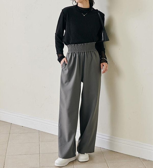 RANAN（ラナン）の「ウエストシャーリングギャザーパンツ（ワイドパンツ・ガウチョ）」｜詳細画像