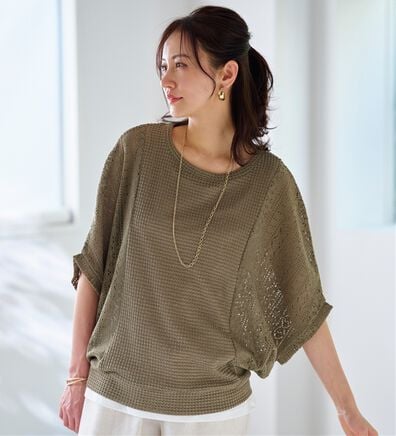 BELLUNA（ベルーナ）の「【タンクトップ付】透かし編みドルマンプルオーバー（カットソー）」