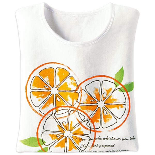 BELLUNA（ベルーナ）の「綿１００％プリントＴシャツ（Tシャツ）」｜白・フルーツ