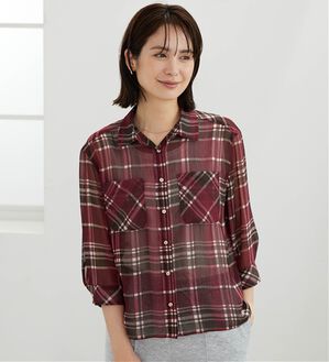BELLUNA（ベルーナ）の「シフォン楊柳チェック柄プリントシャツ（シャツ）」｜ワイン系チェック