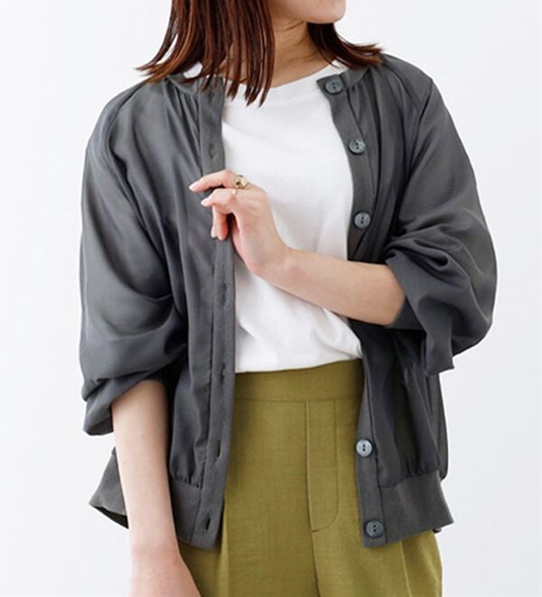 BELLUNA（ベルーナ）の「シアー素材リブ切替カーディガン（ニットカーディガン）」｜チャコール