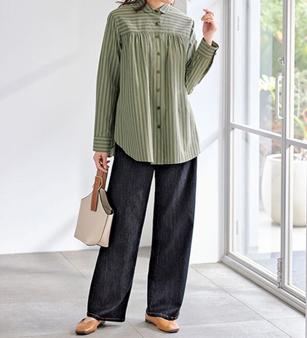 BELLUNA（ベルーナ）の「大人シャツ誕生！綿１００％ストライプ柄切替シャツ（シャツ）」｜詳細画像