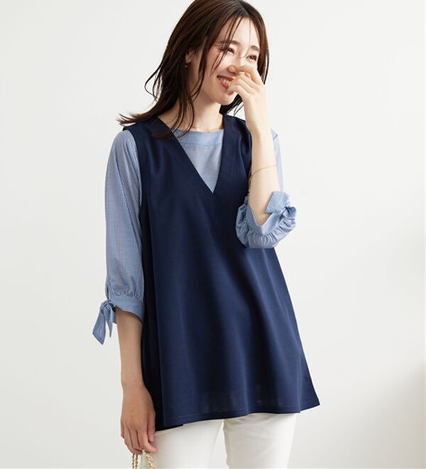 BELLUNA（ベルーナ）の「【2点セット】ストライプシャツ×ベストアンサンブル（アンサンブル）」｜ネイビー系