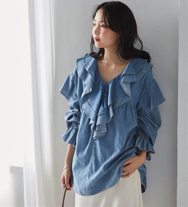 RANAN（ラナン）の「ビッグカラーフリルデニムブラウス（ブラウス）」｜詳細画像