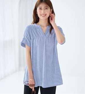 alotta（アロッタ）の「さらっと軽い綿混ストライプギャザーチュニック（チュニック）」｜ブルー系