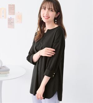 alotta（アロッタ）の「【接触冷感】６分袖衿フェイク裾ラウンドチュニック（チュニック）」｜ブラック