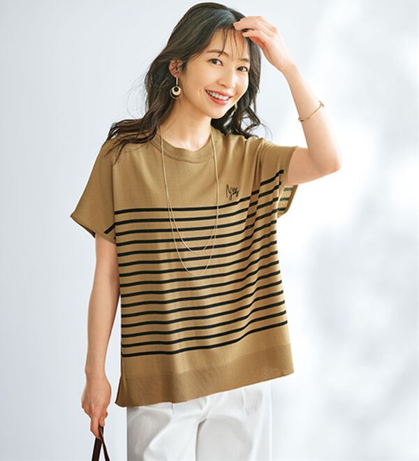 BELLUNA（ベルーナ）の「【快適Ｌａｂ．】シャリ冷！洗える多機能フレンチ袖ニットＴシャツ（ニット・セーター）」｜モカ&times;黒