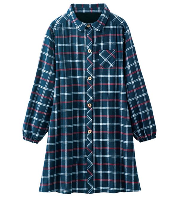 「裏フリースほっこりかっぽうチュニック（チュニック）」｜ネイビーチェック