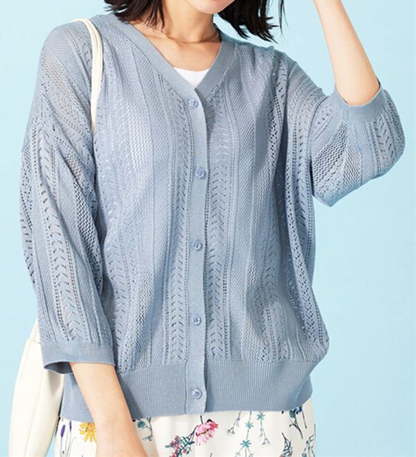 BELLUNA（ベルーナ）の「麻タッチ透かし編５分袖ニットカーディガン（ニットカーディガン）」｜詳細画像