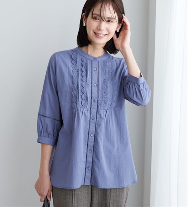 BELLUNA（ベルーナ）の「レース&times;ピンタック使いシャツチュニック（チュニック）」｜ブルーグレー