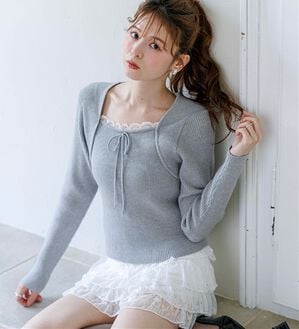 「ボレロレイヤード風ニットトップス（ニット・セーター）」｜グレー