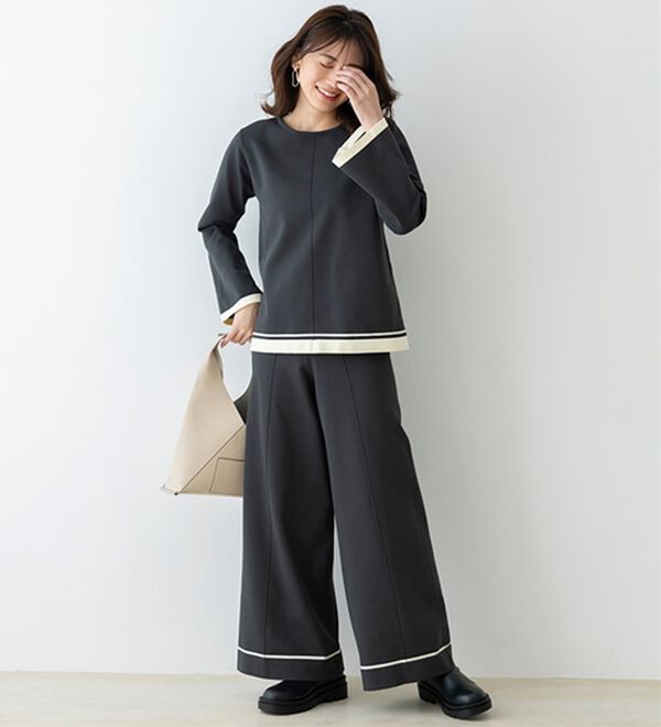 BELLUNA（ベルーナ）の「配色ライン使いニットワイドパンツ（ワイドパンツ・ガウチョ）」｜詳細画像