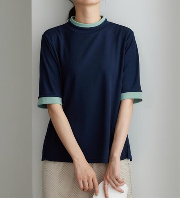 BELLUNA（ベルーナ）の「配色デザインハイネックプルオーバー（カットソー）」｜ネイビー系