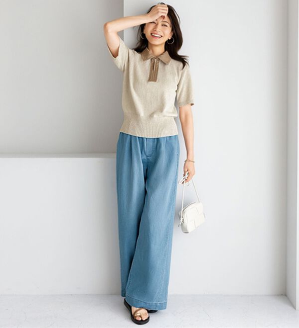 BELLUNA（ベルーナ）の「衿元デニム切替ニットポロシャツ（ニット・セーター）」｜詳細画像